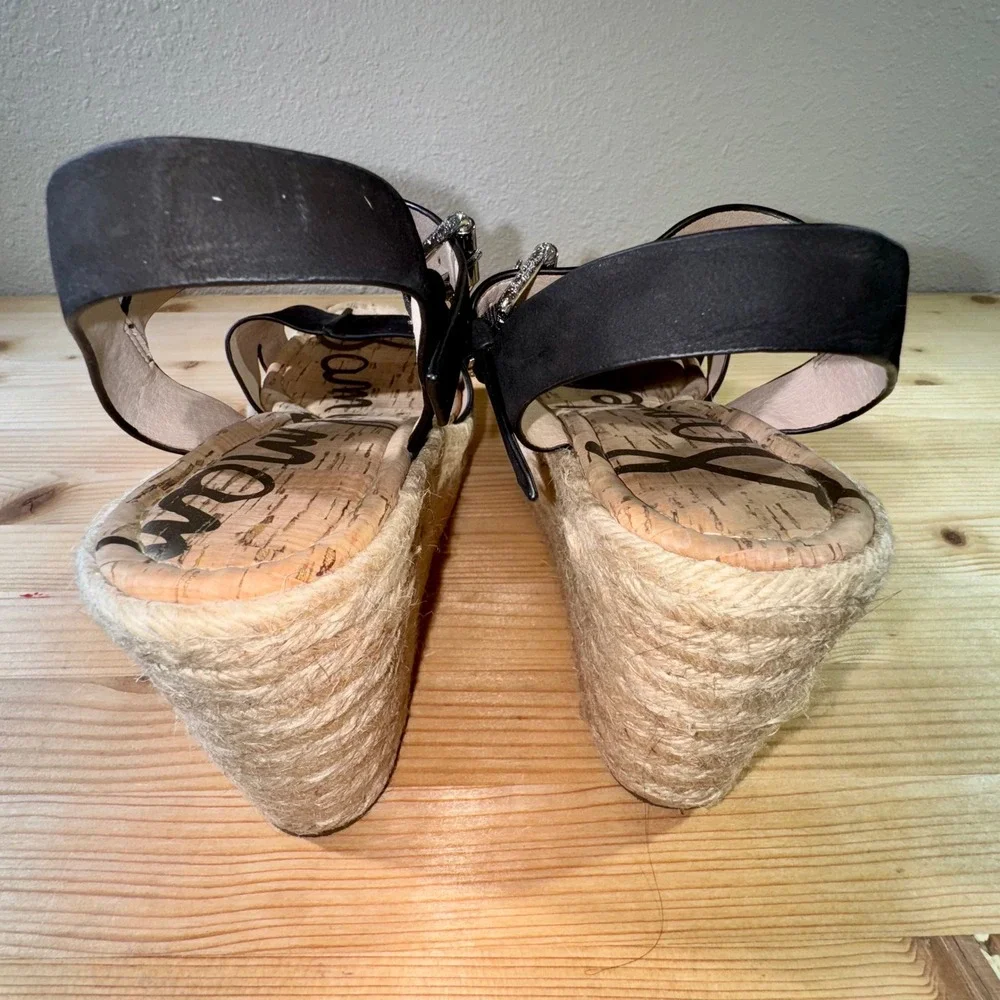 Sam Edelman Espadrille Platform‎ Wedge Sandals Black Leather Size 9.5M
